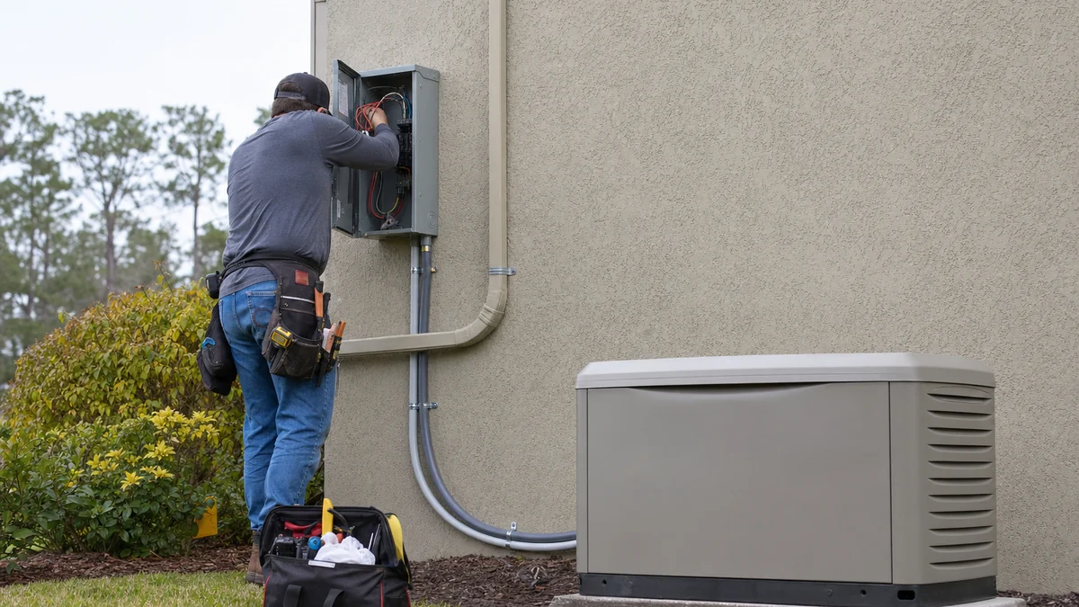 Electrician wiring a generator transfer switch on the outside wall of a home