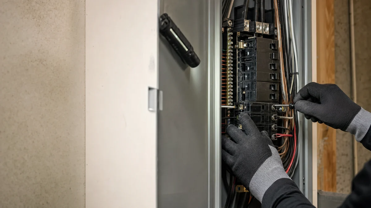 Electrician finishing the wiring inside a newly installed residential breaker panel