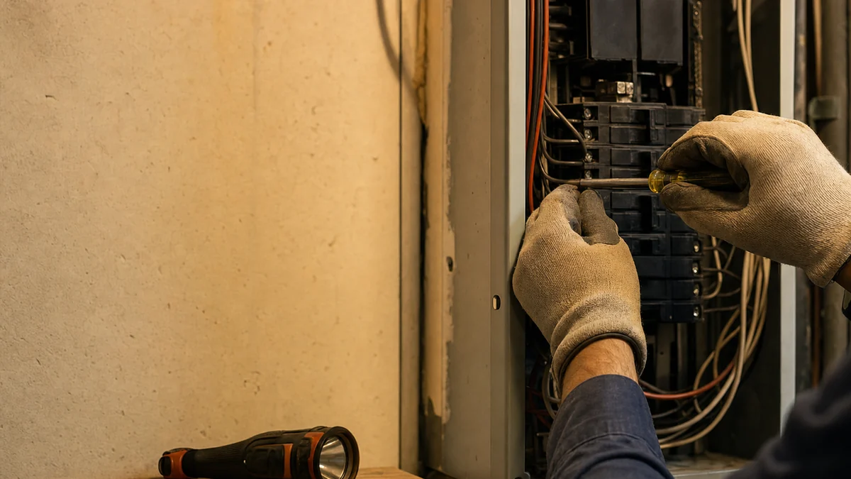 Electrician's gloved hands working inside an open residential electrical panel in an older home's basement