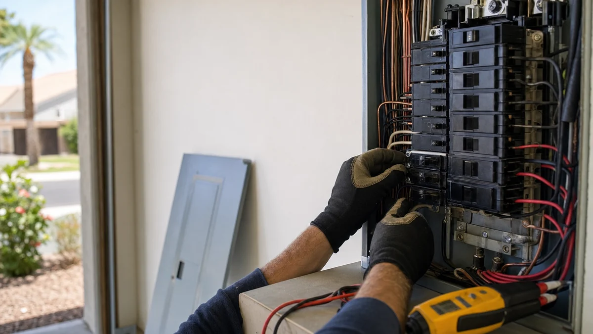 Electrician working inside an open residential breaker panel during a panel upgrade in a garage