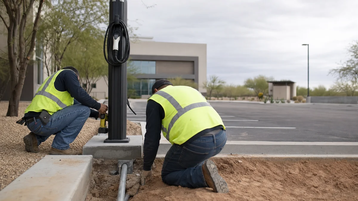 Electricians installing a pedestal EV charging station in an office parking lot