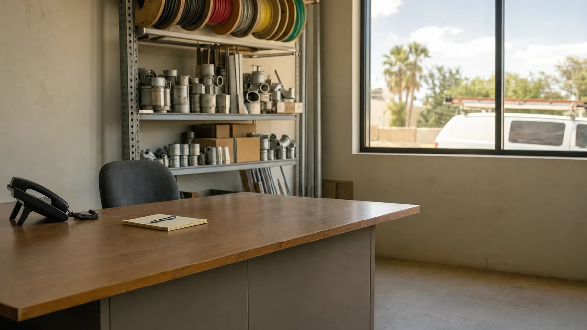 Empty front desk with a phone in a small electrical contractor's office