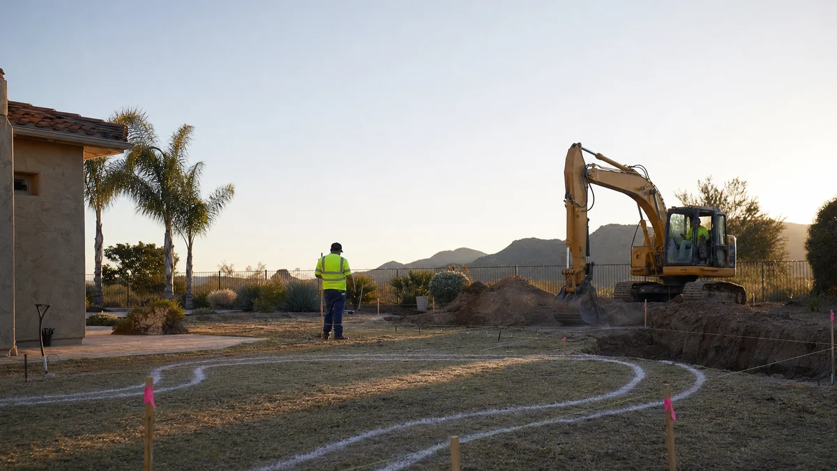 Excavator digging a new pool along a painted outline on a backyard lawn