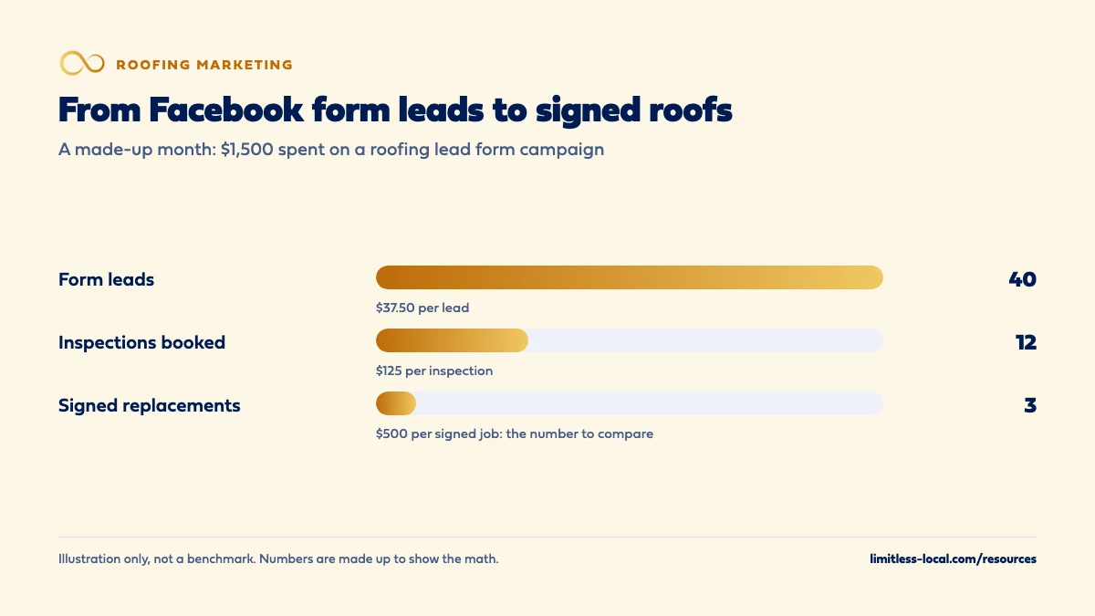 A made-up month of Facebook roofing ads: $1,500 produced 40 form leads at $37.50 each, 12 booked inspections at $125 each, and 3 signed replacements at $500 per signed job