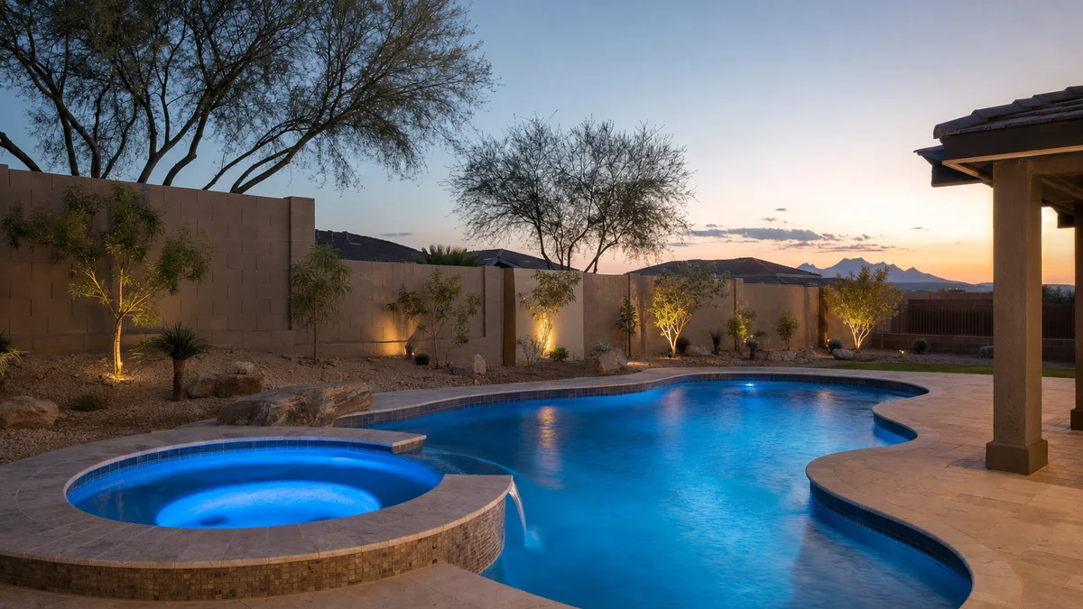 Newly finished backyard gunite pool and spa at dusk with the underwater lights on
