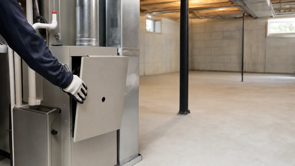 Newly installed furnace and clean ductwork in a finished basement mechanical room