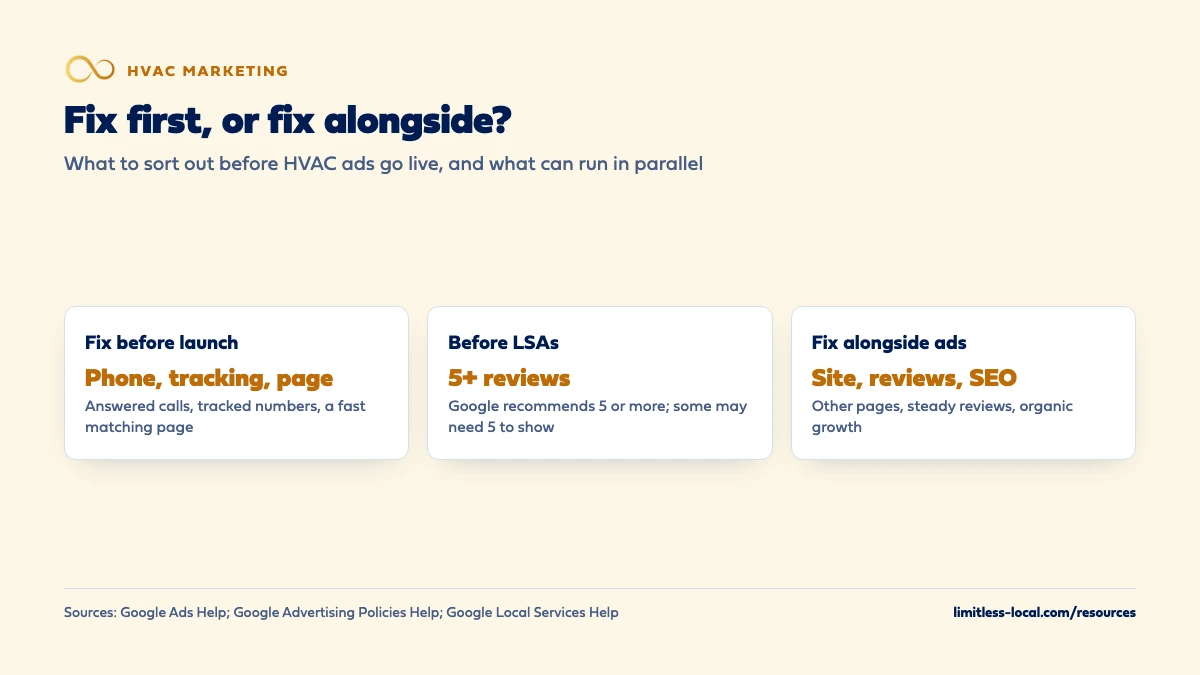 Comparison of what to fix before and during HVAC ads: before launch, fix the phone, tracking and landing page so calls are answered, numbers are tracked and the page is fast and matches the ad; before Local Services Ads, get to 5 or more reviews, since Google recommends 5 or more and some businesses may need 5 to show; alongside the ads, keep improving the rest of the site, reviews and SEO