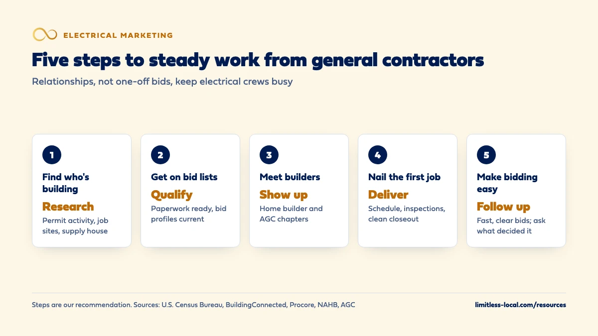 Five steps to steady work from general contractors: find who's building through permit activity, job sites and the supply house; get on bid lists with paperwork ready and bid profiles current; meet builders through home builder and AGC chapters; nail the first job with schedule, inspections and clean closeout; and make bidding easy with fast, clear bids and a follow-up asking what decided each one