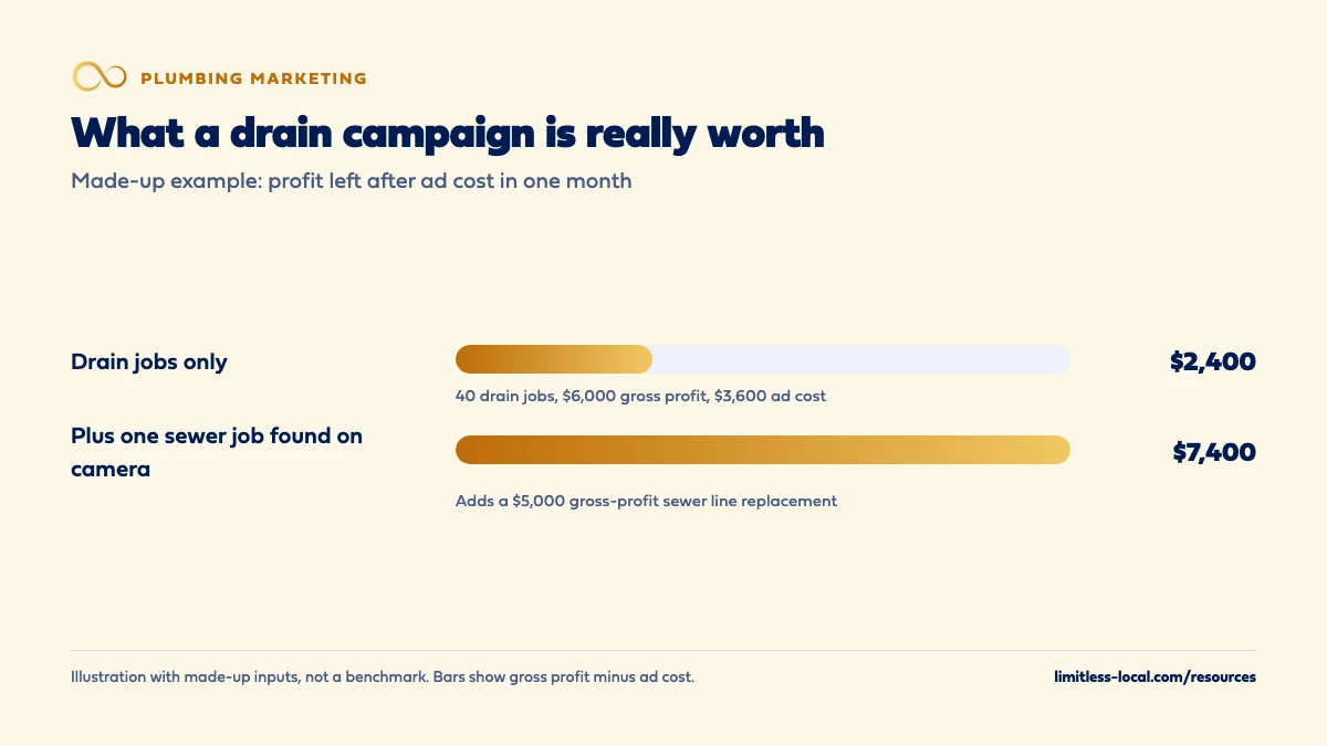 Bar chart of a made-up example showing profit after ad cost in one month: drain jobs only $2,400 (40 drain jobs, $6,000 gross profit, $3,600 ad cost) versus $7,400 when one sewer line replacement found on camera adds $5,000 gross profit