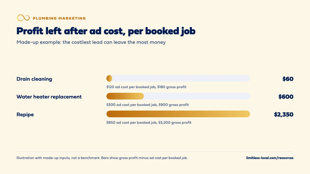 Bar chart of a made-up example showing profit left after ad cost per booked job: drain cleaning $60 ($120 ad cost, $180 gross profit), water heater replacement $600 ($300 ad cost, $900 gross profit), and repipe $2,350 ($850 ad cost, $3,200 gross profit)