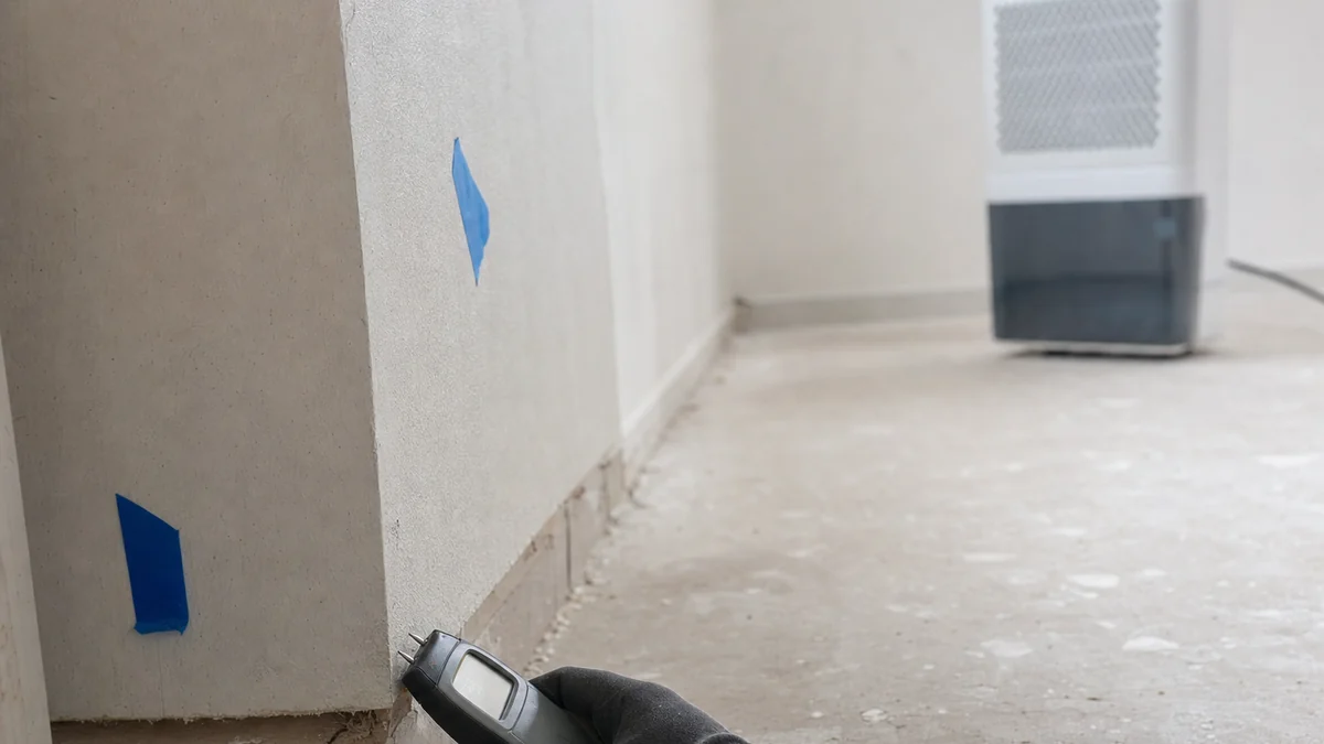 Gloved hand taking a moisture meter reading on drywall during a restoration drying job