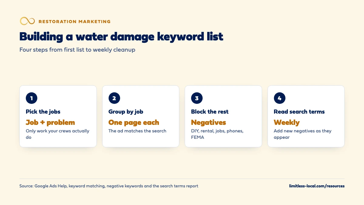 Four steps to a water damage keyword list: pick job and problem searches for work your crews do, group keywords by job with one page each, block DIY, rental, job-seeker, phone and FEMA searches with negatives, and read the search terms report weekly