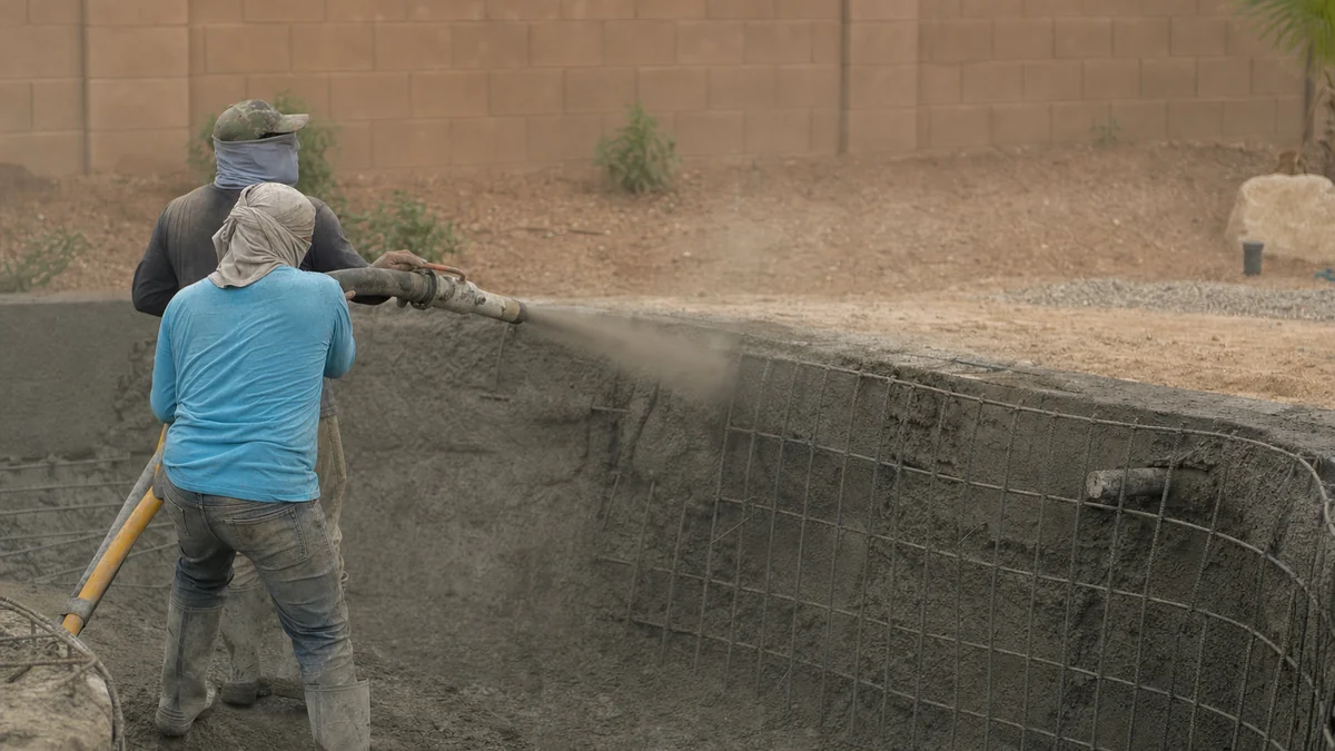 Gunite crew spraying concrete over the rebar frame of a new backyard pool