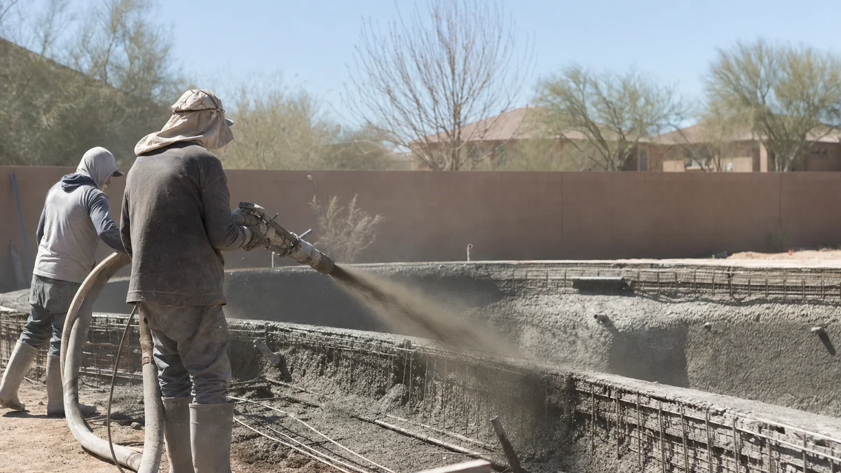 Gunite crew spraying the shell of a new backyard pool in early spring