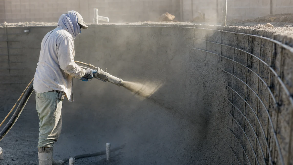 Gunite crew spraying concrete onto the rebar walls of a backyard pool