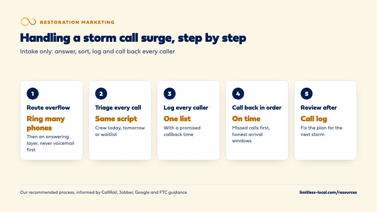 Handling a storm call surge in five steps: route overflow by ringing many phones and then an answering layer, triage every call with the same script, log every caller in one list with a callback time, call back in order with honest arrival windows, and review the call log after the storm