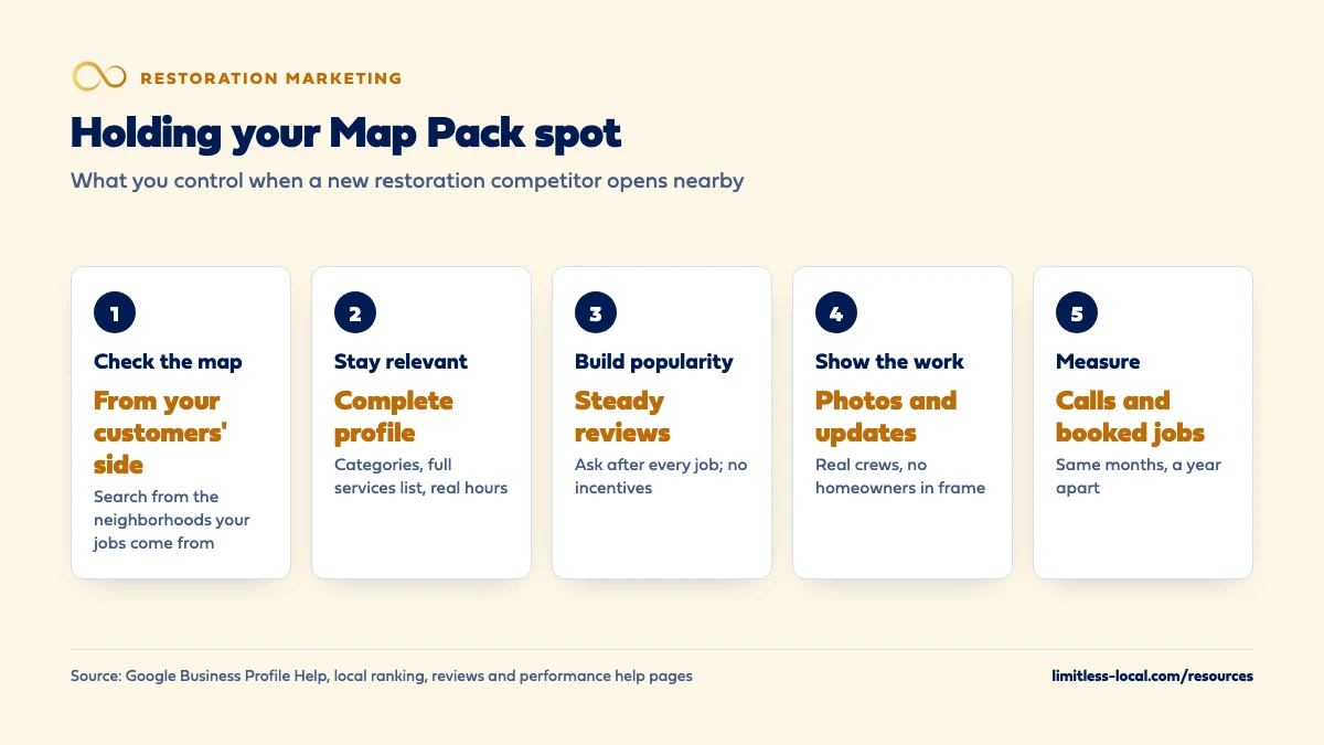 Five steps for holding a Map Pack spot against a new restoration competitor: check the map from the neighborhoods your jobs come from, keep the profile complete, keep genuine reviews coming with no incentives, show real work in photos and updates, and measure calls and booked jobs against the same months a year earlier