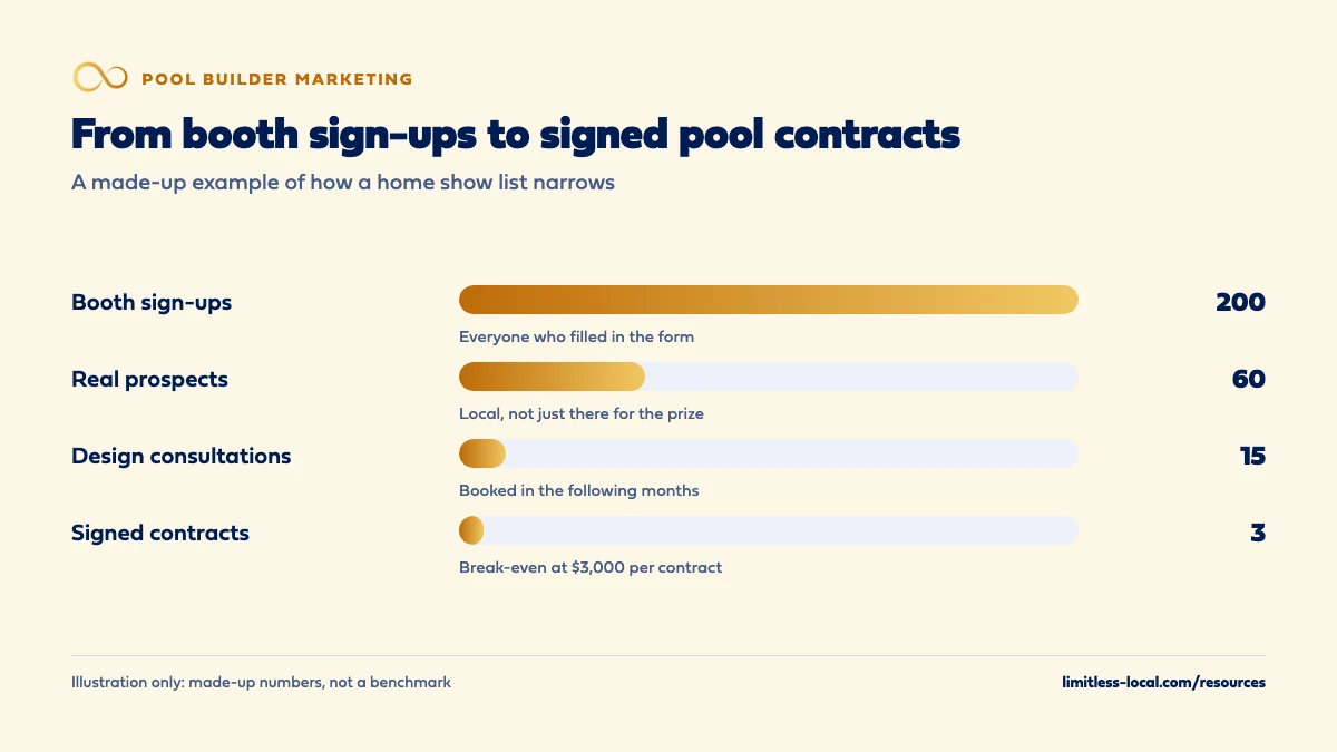 Made-up example of a home show lead funnel for a pool builder: 200 booth sign-ups narrow to 60 real prospects, 15 design consultations and 3 signed contracts, which breaks even at $3,000 per contract