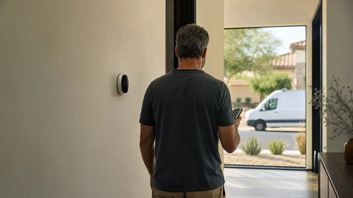 Homeowner beside a thermostat holding a phone while an HVAC service van waits at the curb