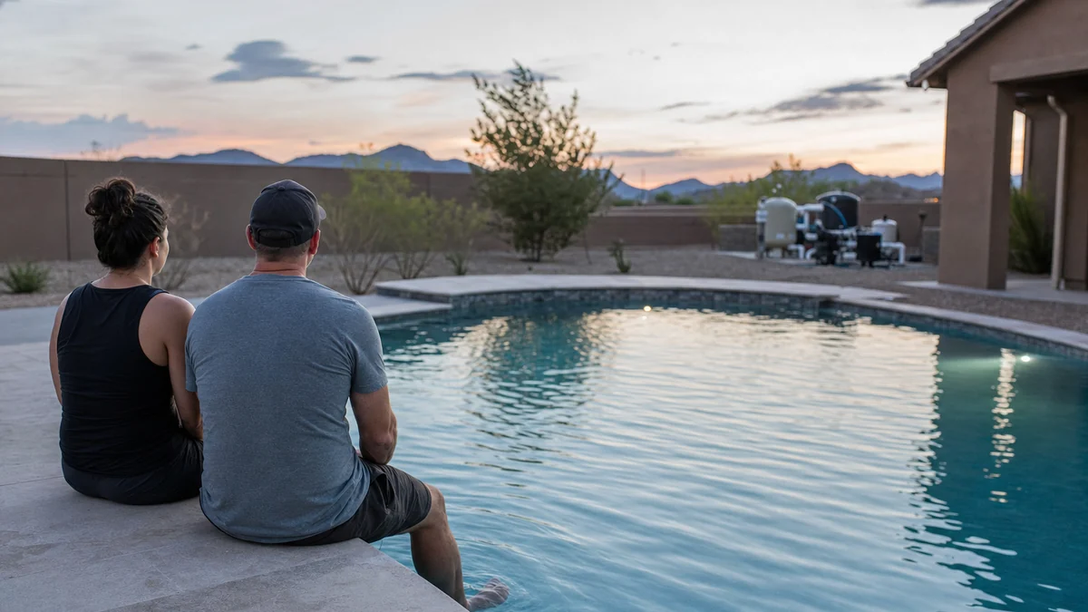 Homeowners seen from behind sitting at the edge of their newly finished pool on a summer evening