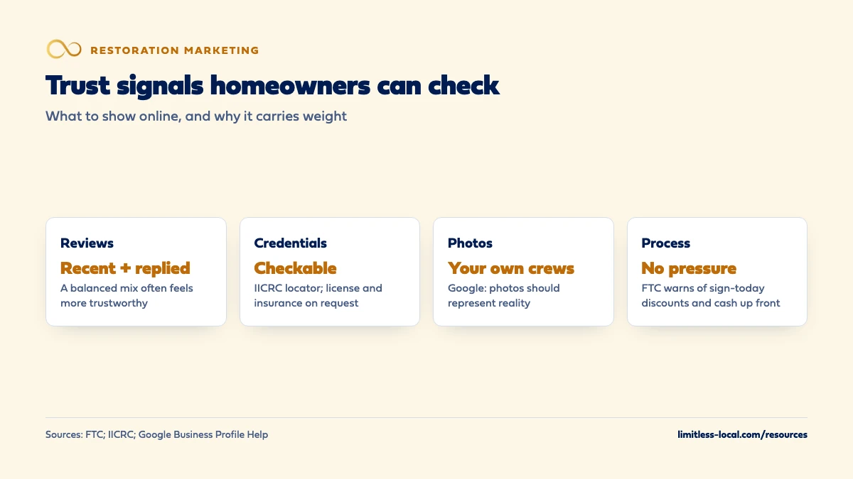Four trust signals homeowners can check: recent reviews with replies, since a balanced mix often feels more trustworthy; checkable credentials such as IICRC certification, license and insurance; real photos of your own crews, since Google says photos should represent reality; and a no-pressure process, since the FTC warns about sign-today discounts and cash up front