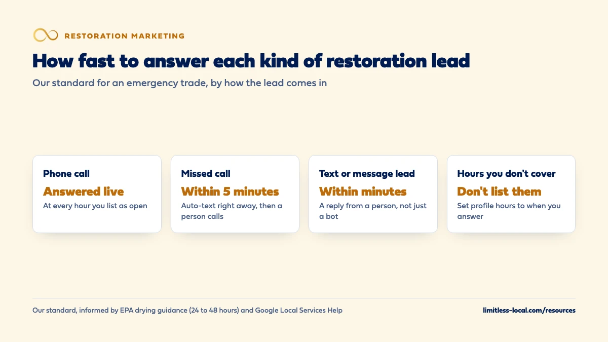 How fast to answer each kind of restoration lead: phone calls answered live at every hour you list as open, missed calls returned within 5 minutes, text and message leads answered by a person within minutes, and hours you don't cover left off your profile