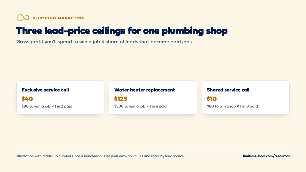 Three made-up lead-price ceilings for one plumbing shop: $40 for exclusive service-call leads ($80 of gross profit to win a job times one in two leads paid), $125 for water heater replacement leads ($500 times one in four sold), and $10 for shared service-call leads ($80 times one in eight paid)