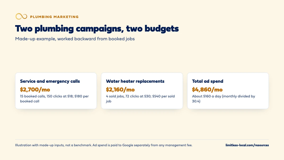 Comparison from a made-up example: a service and emergency call campaign at $2,700 a month for 15 booked calls, 150 clicks at $18, or $180 per booked call; a water heater replacement campaign at $2,160 a month for 4 sold jobs, 72 clicks at $30, or $540 per sold job; $4,860 a month in total, about $160 a day