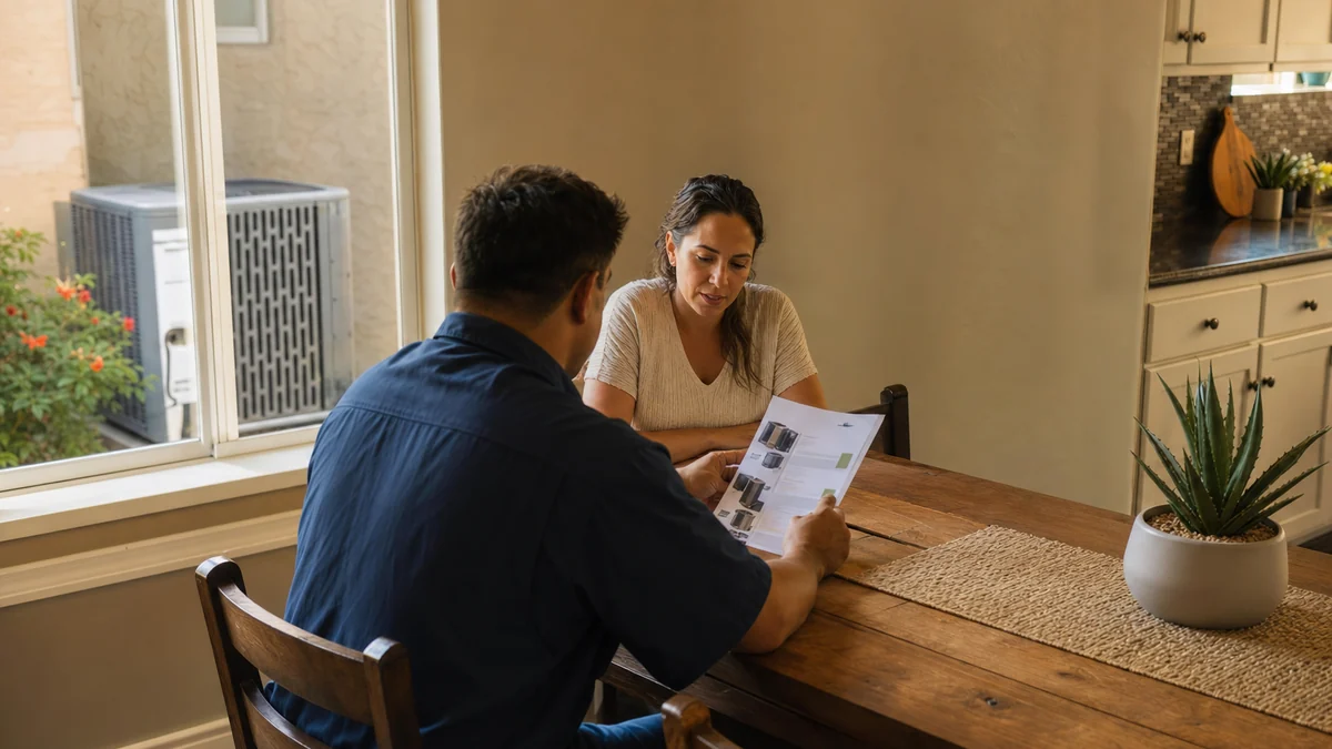 HVAC comfort advisor walking a homeowner through written system options at the kitchen table