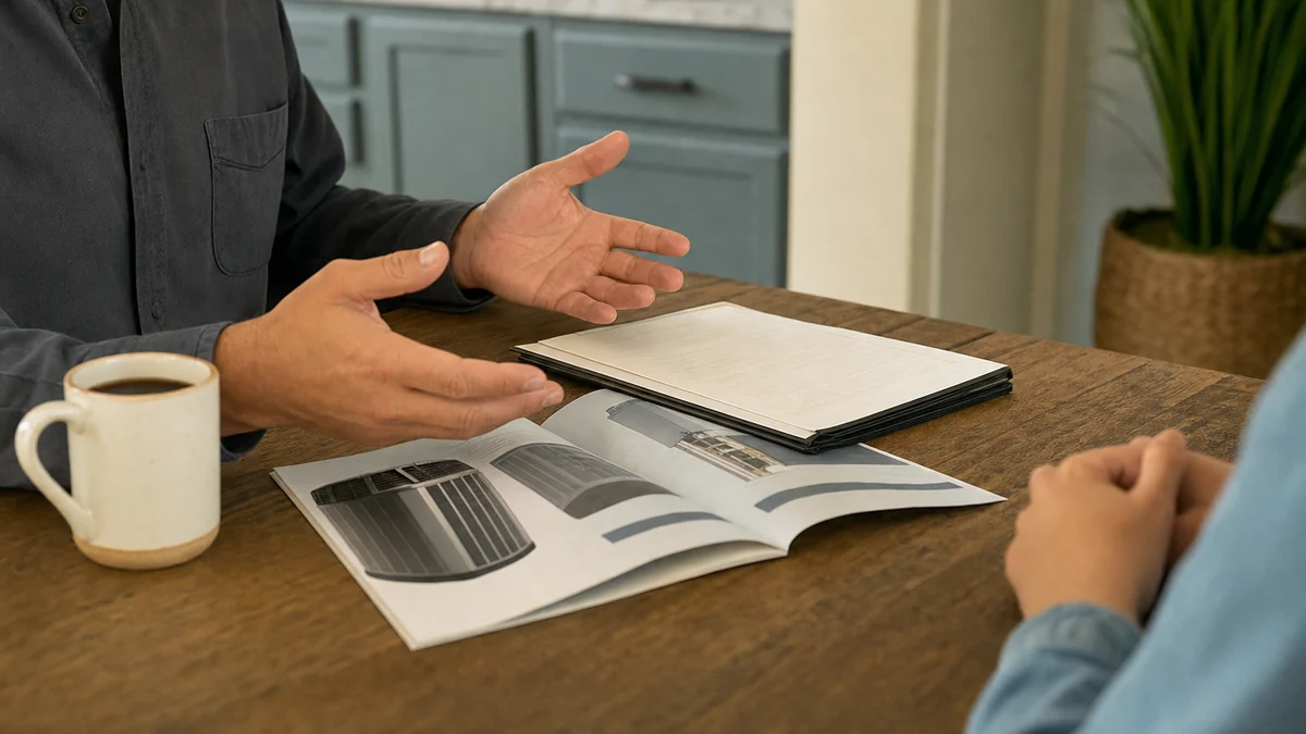 HVAC comfort advisor going over a replacement estimate at a homeowner's kitchen table