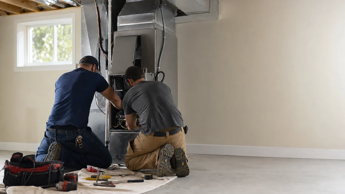 Two HVAC installers fitting a new furnace in a basement mechanical room