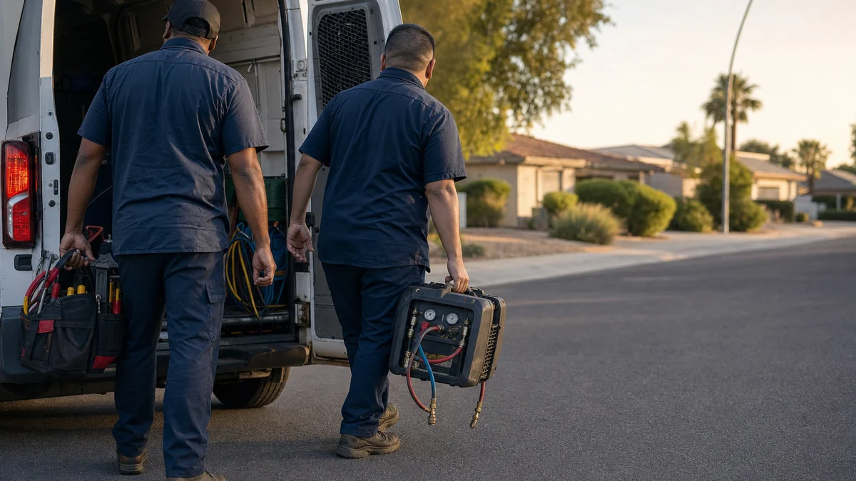 Two HVAC technicians loading tools into a service van before heading to a job in a new service area