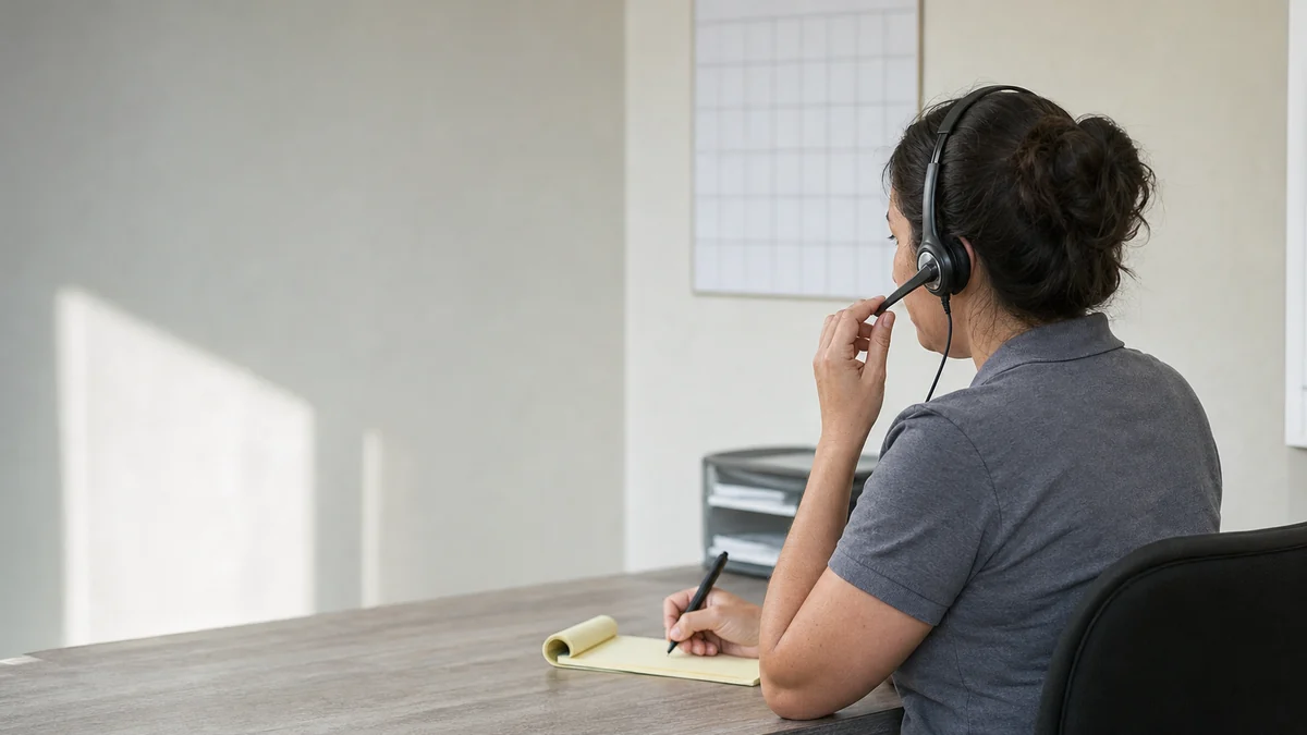 HVAC office dispatcher answering a customer call at her desk
