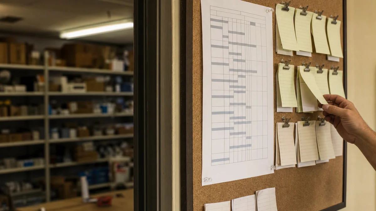 Dispatcher moving a job slip on a board in a small HVAC shop office