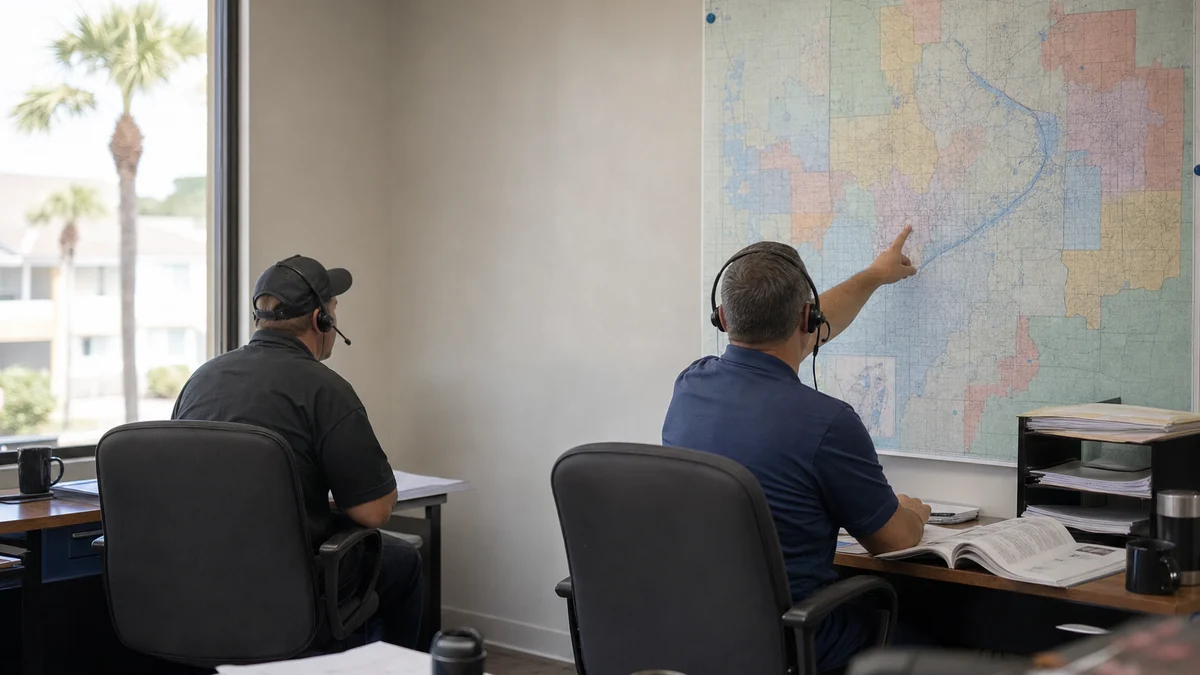 HVAC dispatchers in a busy office planning service territories on a wall map