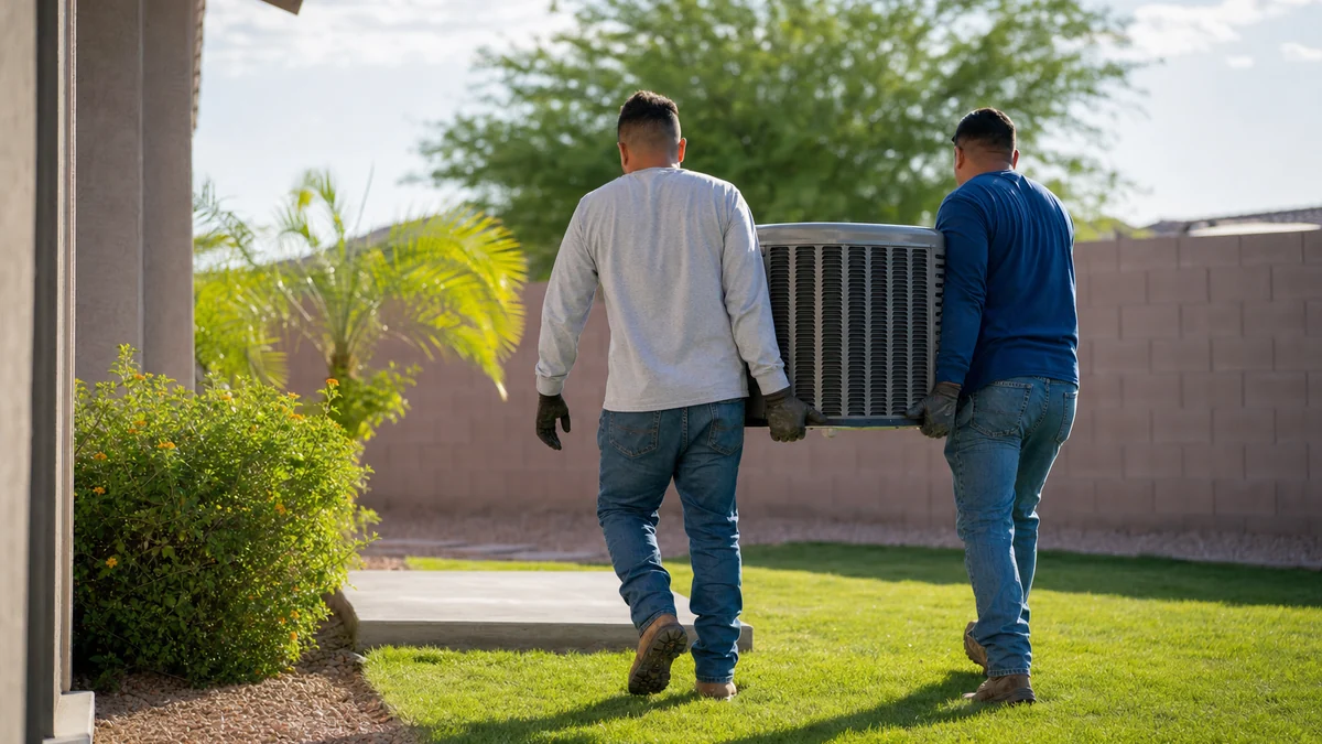 Two HVAC installers carrying a new outdoor condenser unit to its pad during a replacement job