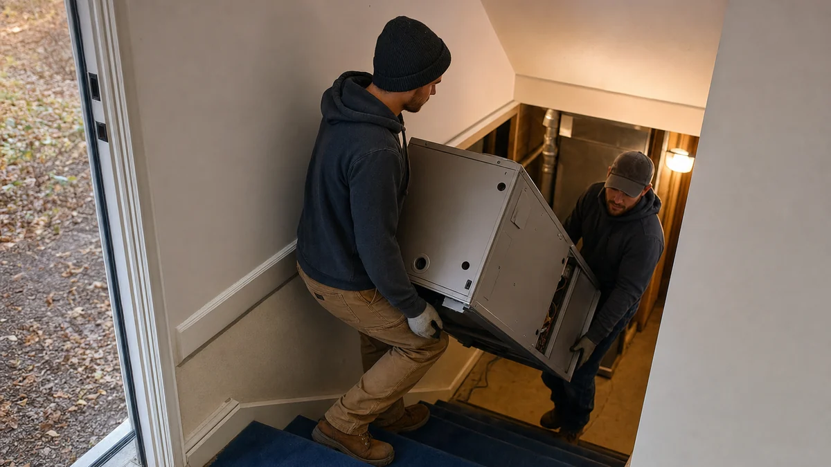 Two HVAC installers carrying a new furnace into a home for a system replacement