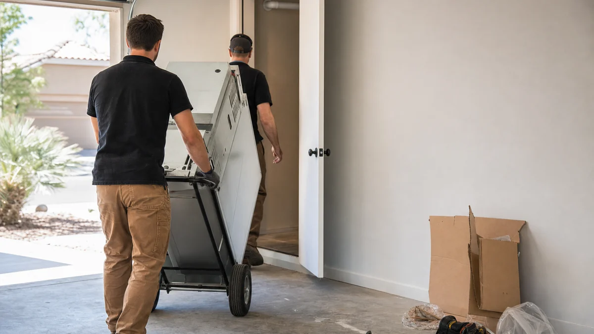 Two HVAC installers moving a new furnace into a home's utility closet on installation day