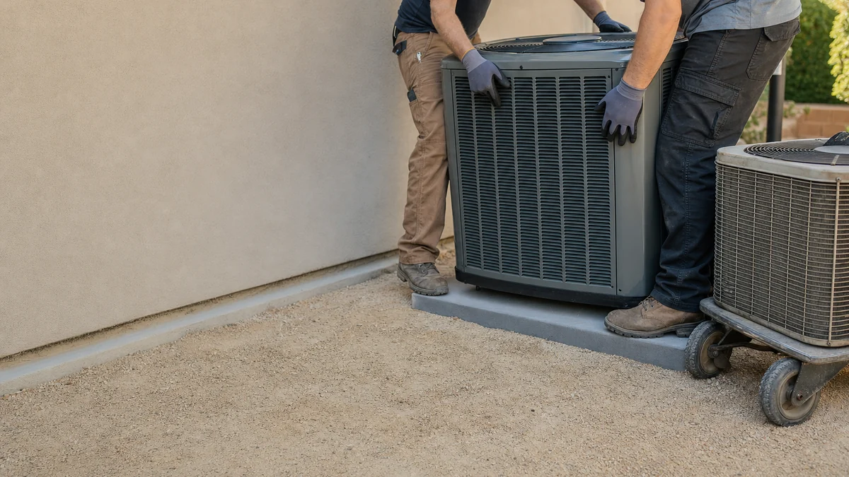 HVAC installers setting a new outdoor condenser on a concrete pad during a system replacement