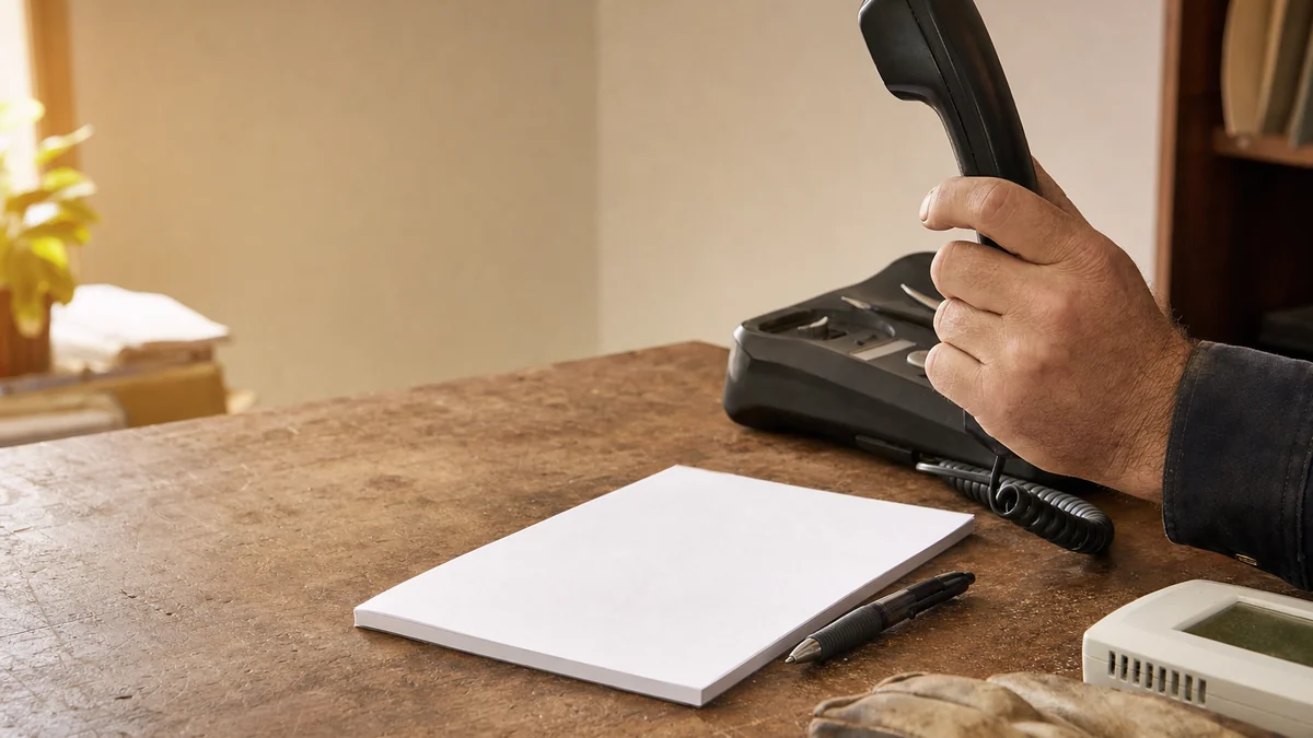Desk phone handset, notepad and work gloves on the front desk of an HVAC contractor's office