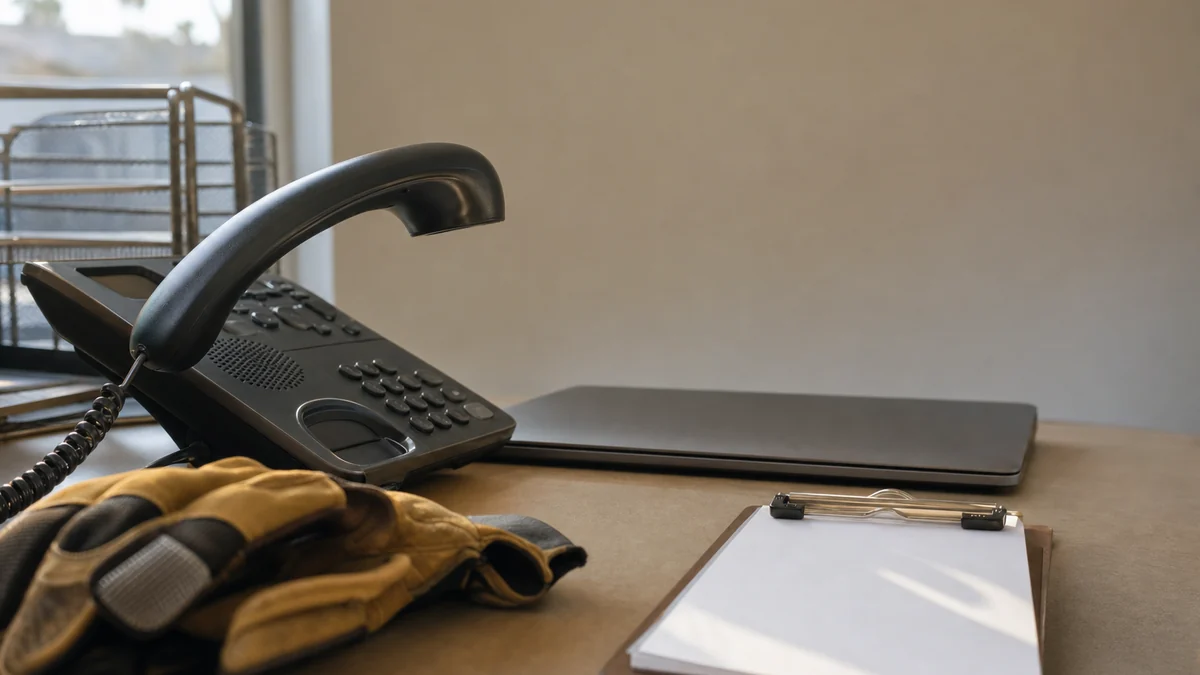 HVAC office desk with the phone handset lifted, ready for a test call to the company's own number