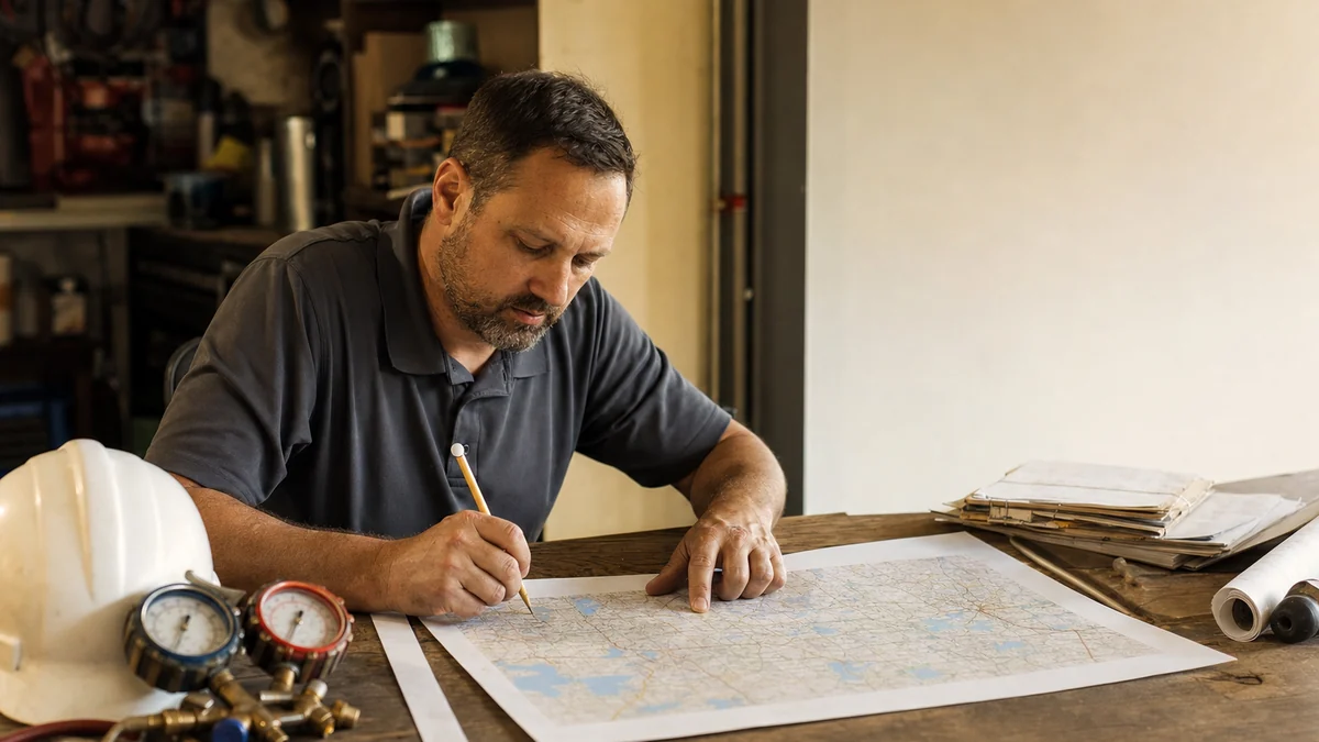 HVAC company owner marking target towns on a printed map at his shop desk