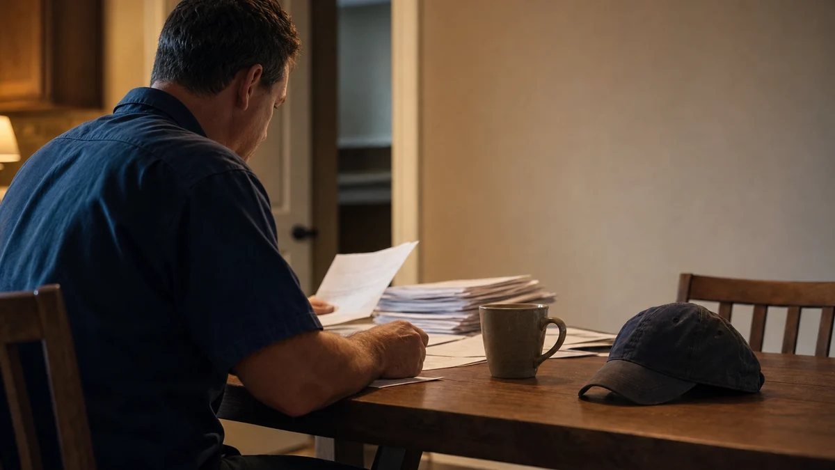 HVAC company owner reviewing invoices at his kitchen table in the evening