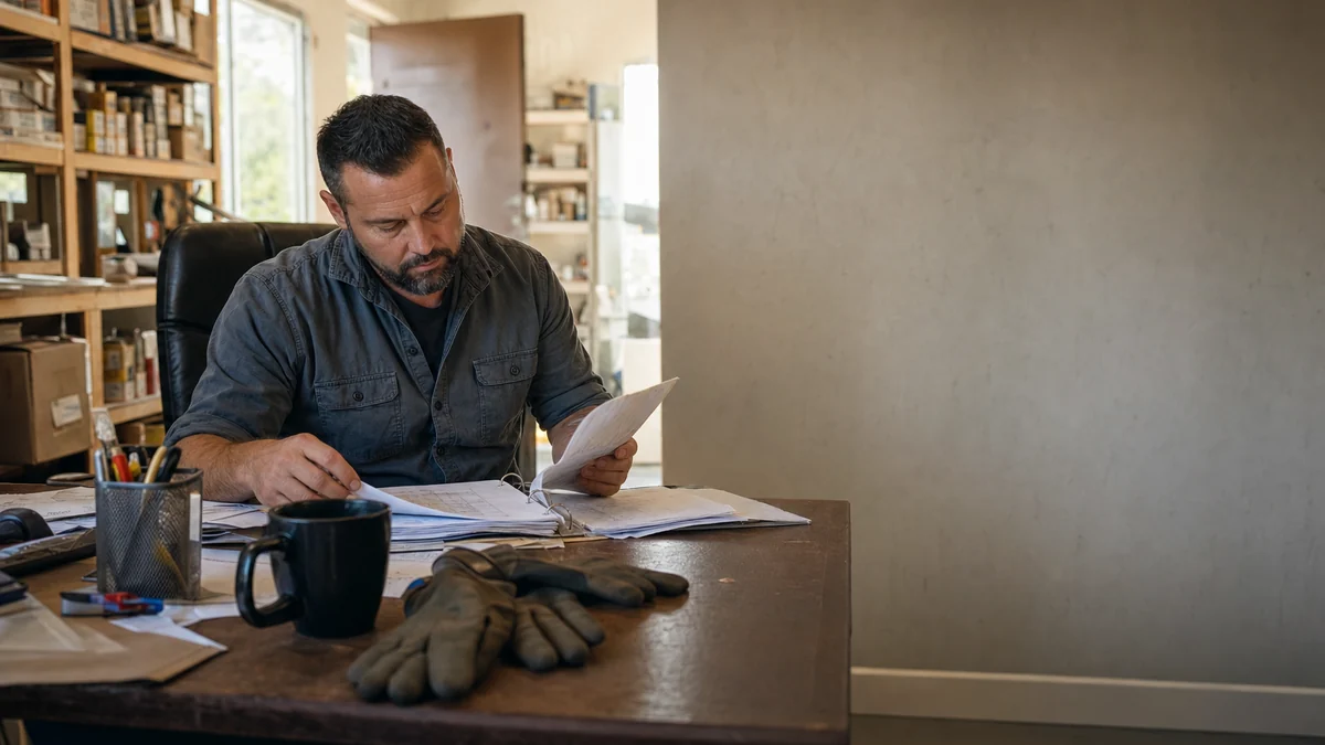 HVAC company owner reviewing a binder of past customer service records at his shop desk