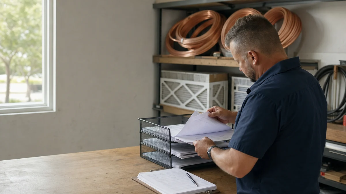 HVAC company owner sorting completed work orders at a workbench in his shop