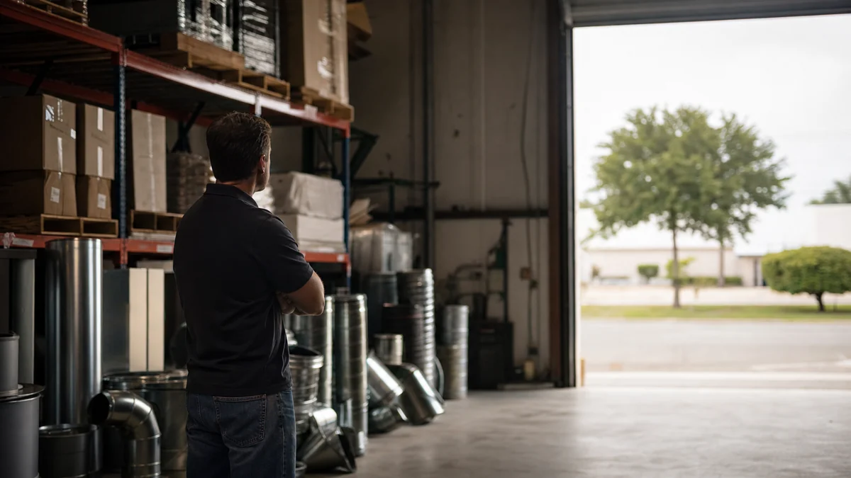 HVAC company owner standing in his equipment warehouse looking out an open roll-up door