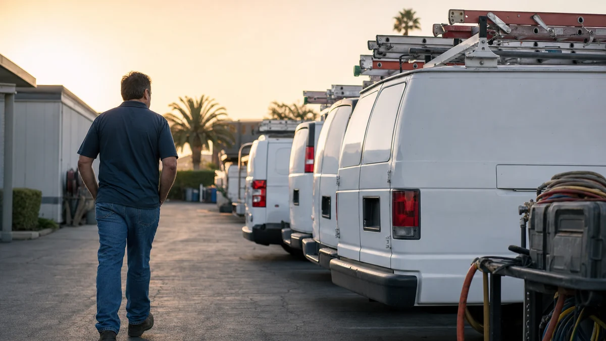 HVAC owner walking past a row of service vans in the company yard at dawn