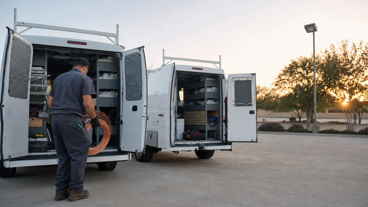 HVAC technician loading parts into one of two service vans in a company lot at dawn