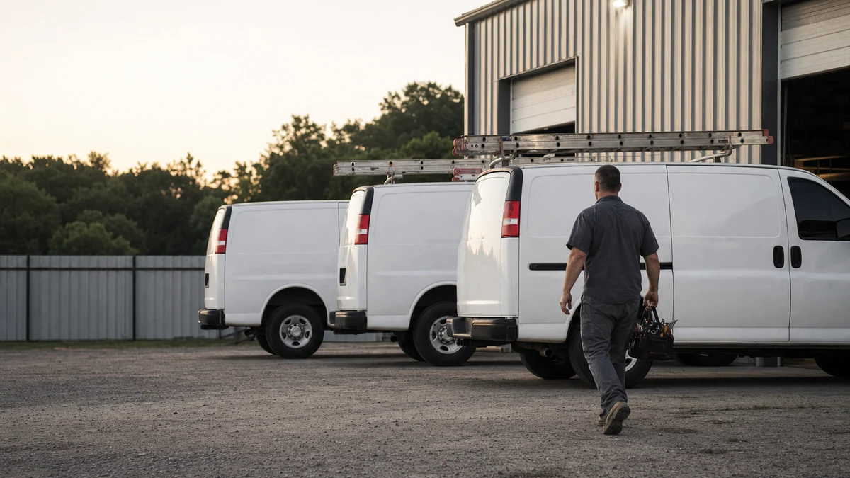 Row of HVAC service vans outside a shop building at the start of the workday