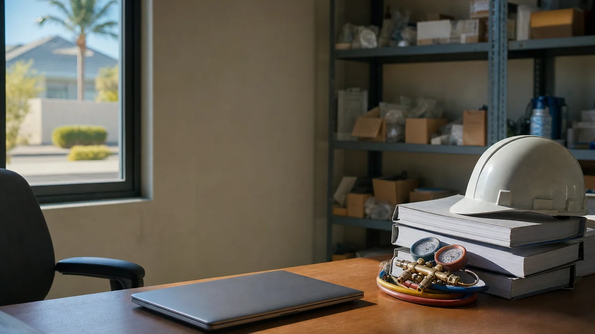 Small HVAC shop office desk with a closed laptop, equipment manuals and manifold gauges